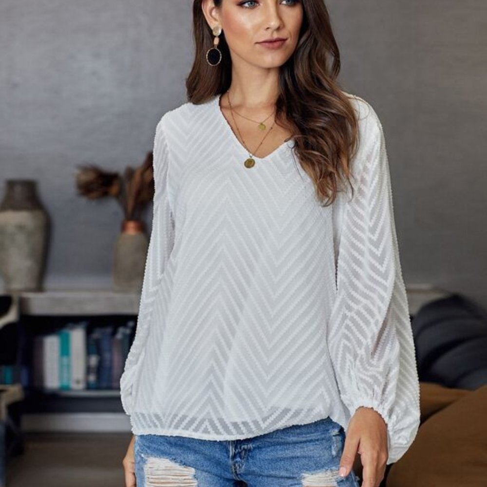 NEW SHEIN V-Neck Chevron Textured Pattern Blouse Top